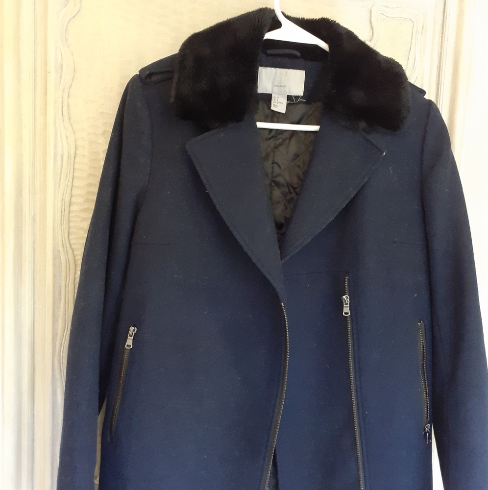 H&M navy blue fur collared coat